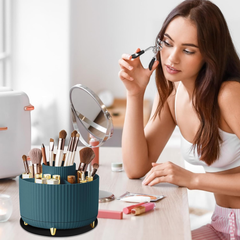 Green Rotating Makeup Organizer with 5 Compartments & Anti-Slip Base for Vanity