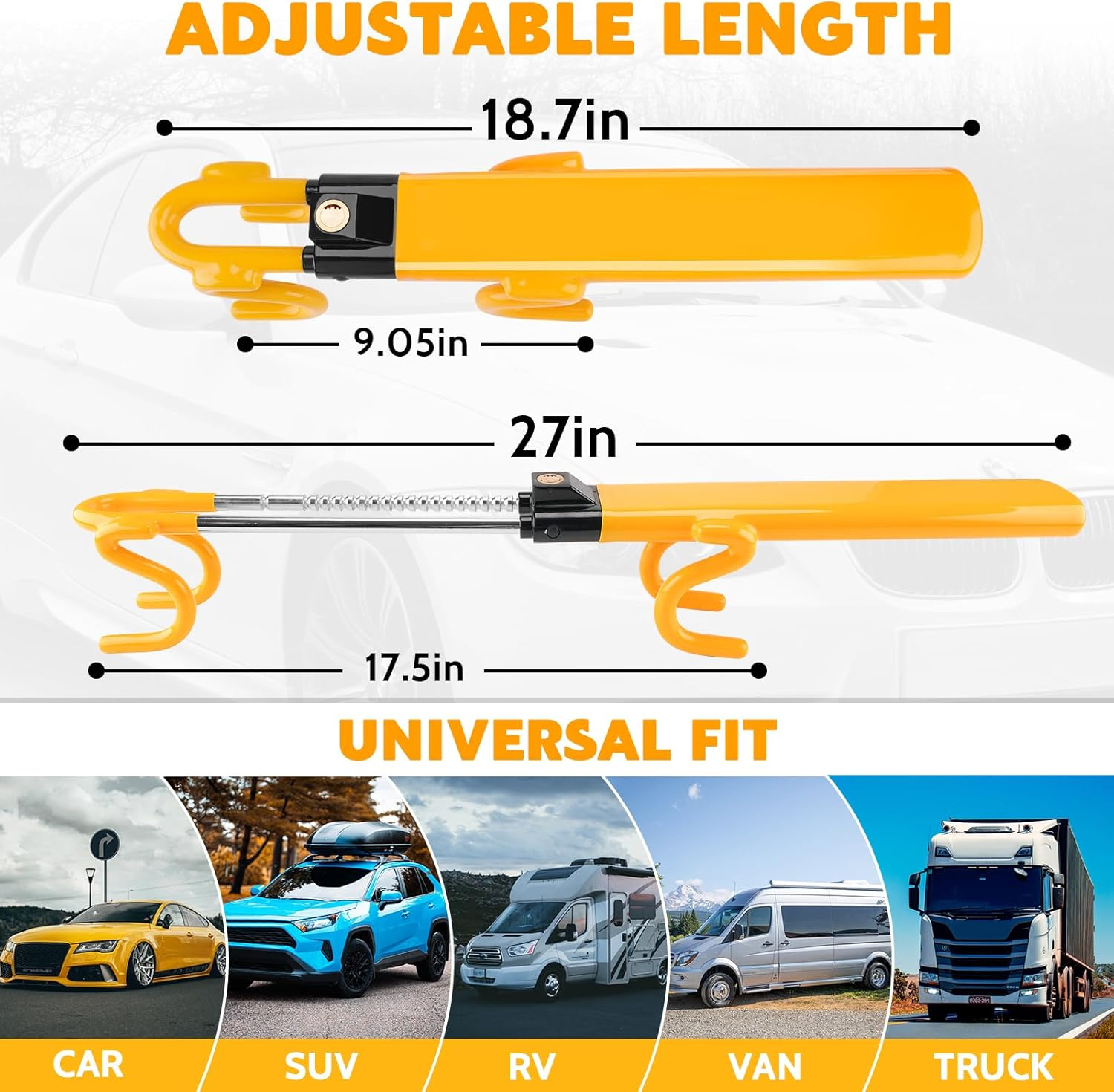 Universal Twin Bar Steering Wheel Lock – Heavy-Duty Adjustable Car Anti-Theft Device with 3 Keys (Yellow)