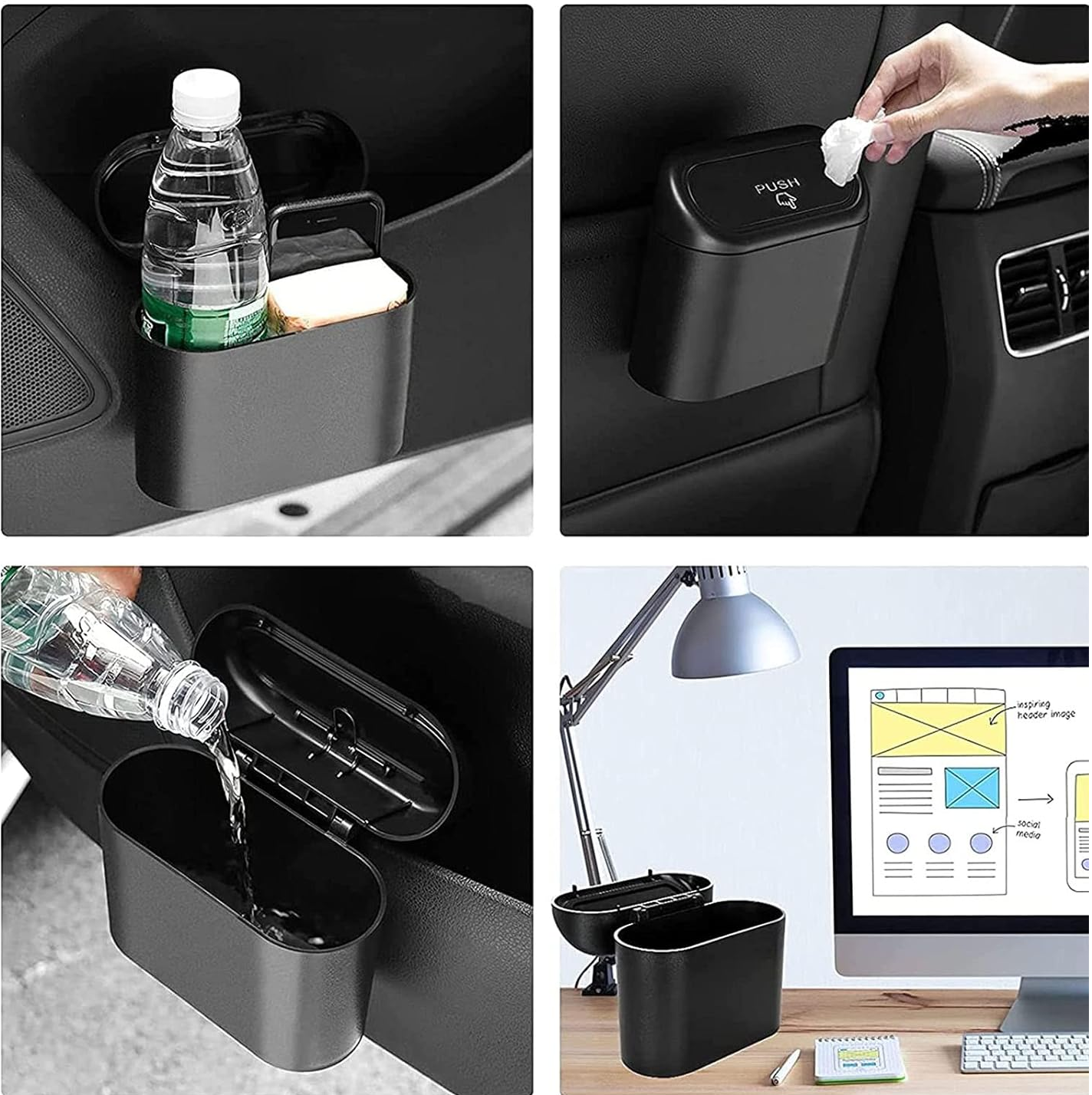 ABS Waterproof Mini Trash Can with 90 Bags – Push-Lid Car, Home & Office Organizer Bin (16×14×7cm)