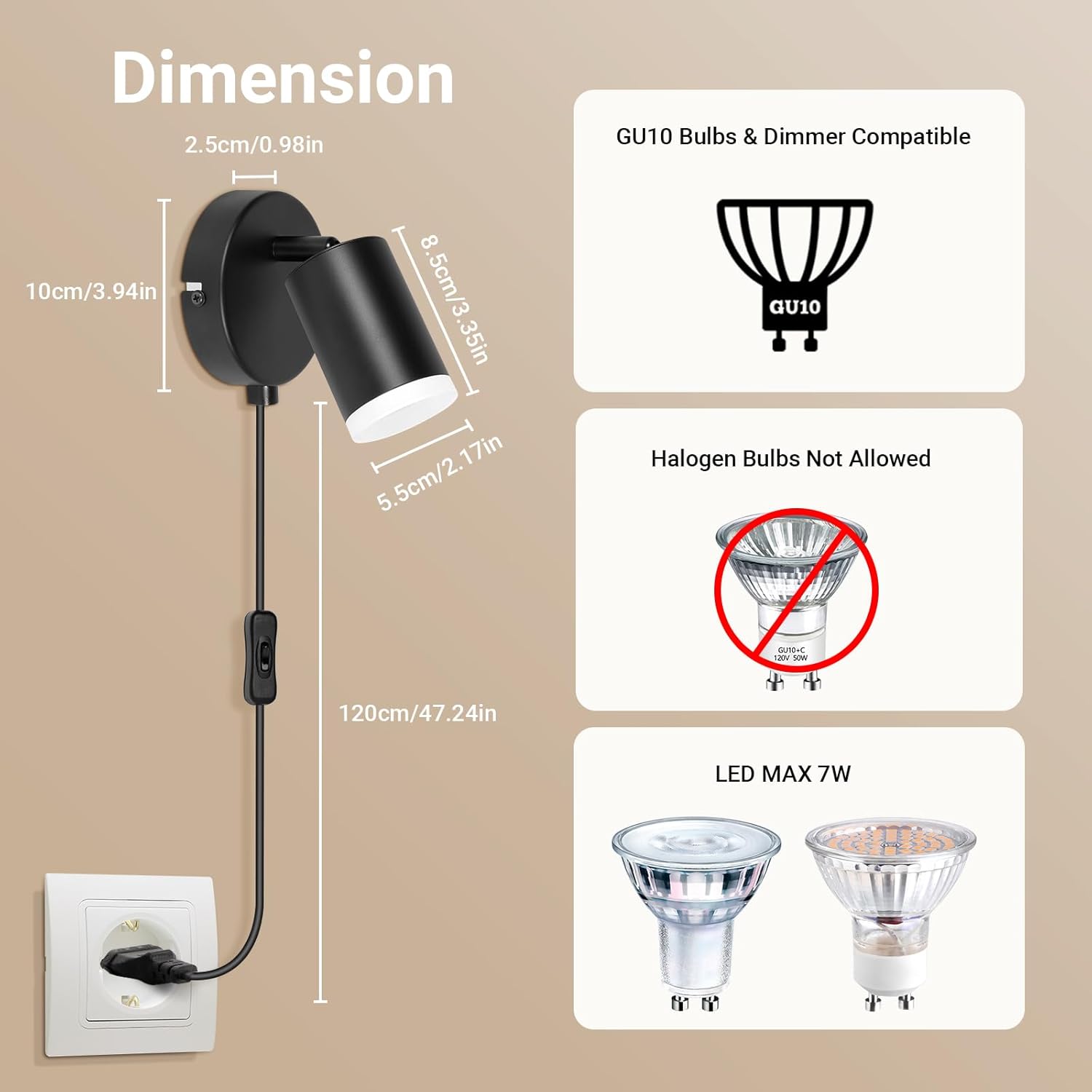 Wall Lights with Switch, Adjustable GU10 Plug-In Lamps 2 Pack