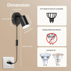 Wall Lights with Switch, Adjustable GU10 Plug-In Lamps 2 Pack