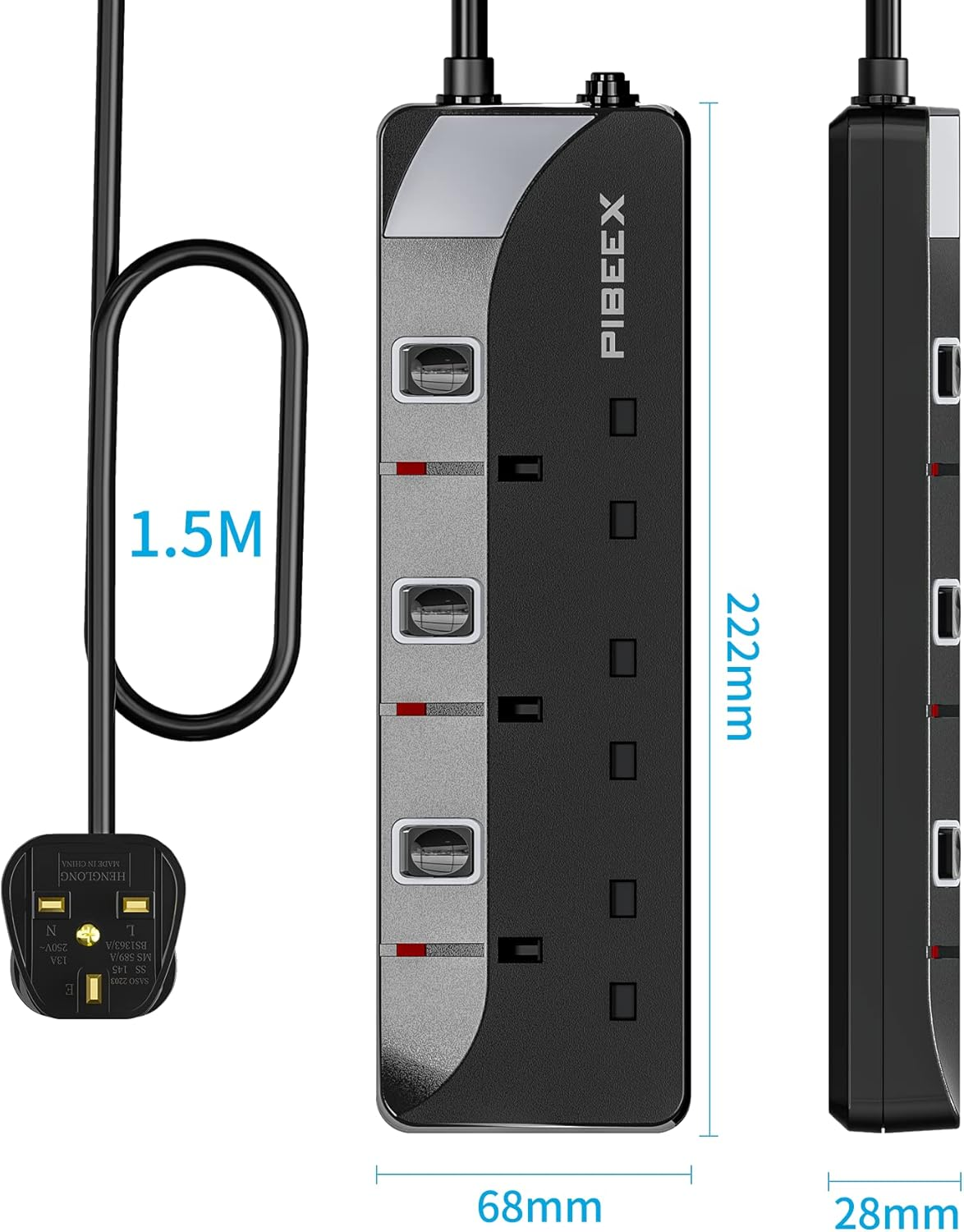 3 Way Extension Lead with Individual Switches – 1.5M Cable, 13A Fused, 3250W, Wall Mountable