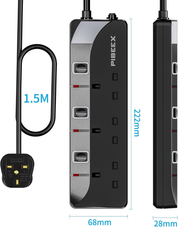 3 Way Extension Lead with Individual Switches – 1.5M Cable, 13A Fused, 3250W, Wall Mountable