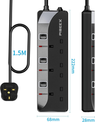 3 Way Extension Lead with Individual Switches – 1.5M Cable, 13A Fused, 3250W, Wall Mountable