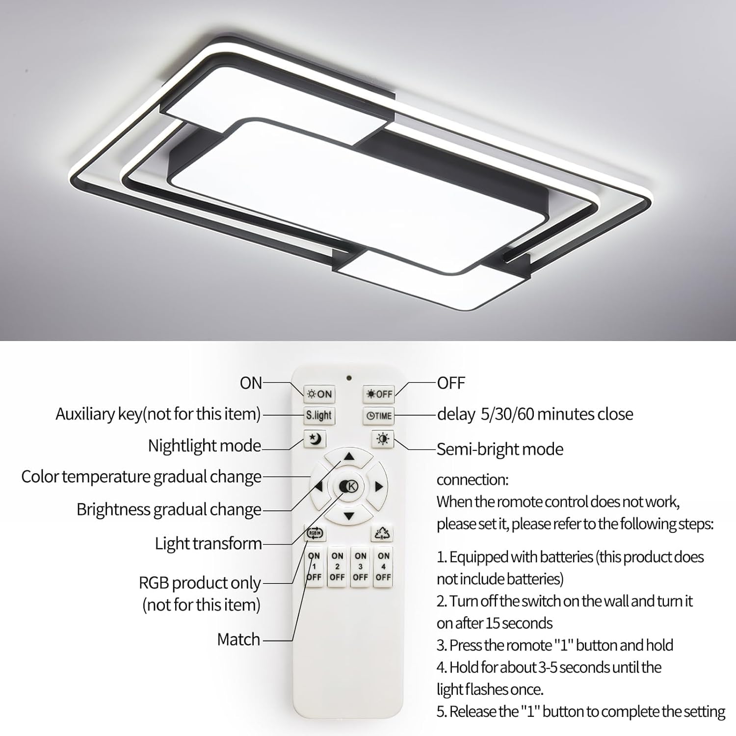 Modern Dimmable LED Ceiling Light with Remote, 90×60CM, 3000–6500K