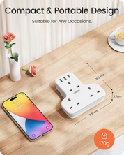 3-Way Multi Plug Extension Socket with 3 USB Ports, 13A 3250W Power Adapter