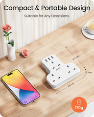 3-Way Multi Plug Extension Socket with 3 USB Ports, 13A 3250W Power Adapter