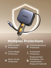 90W Retractable Car Charger – 3-Port Fast USB Car Adapter with 60W Cable for iPhone, Galaxy, iPad & Laptops