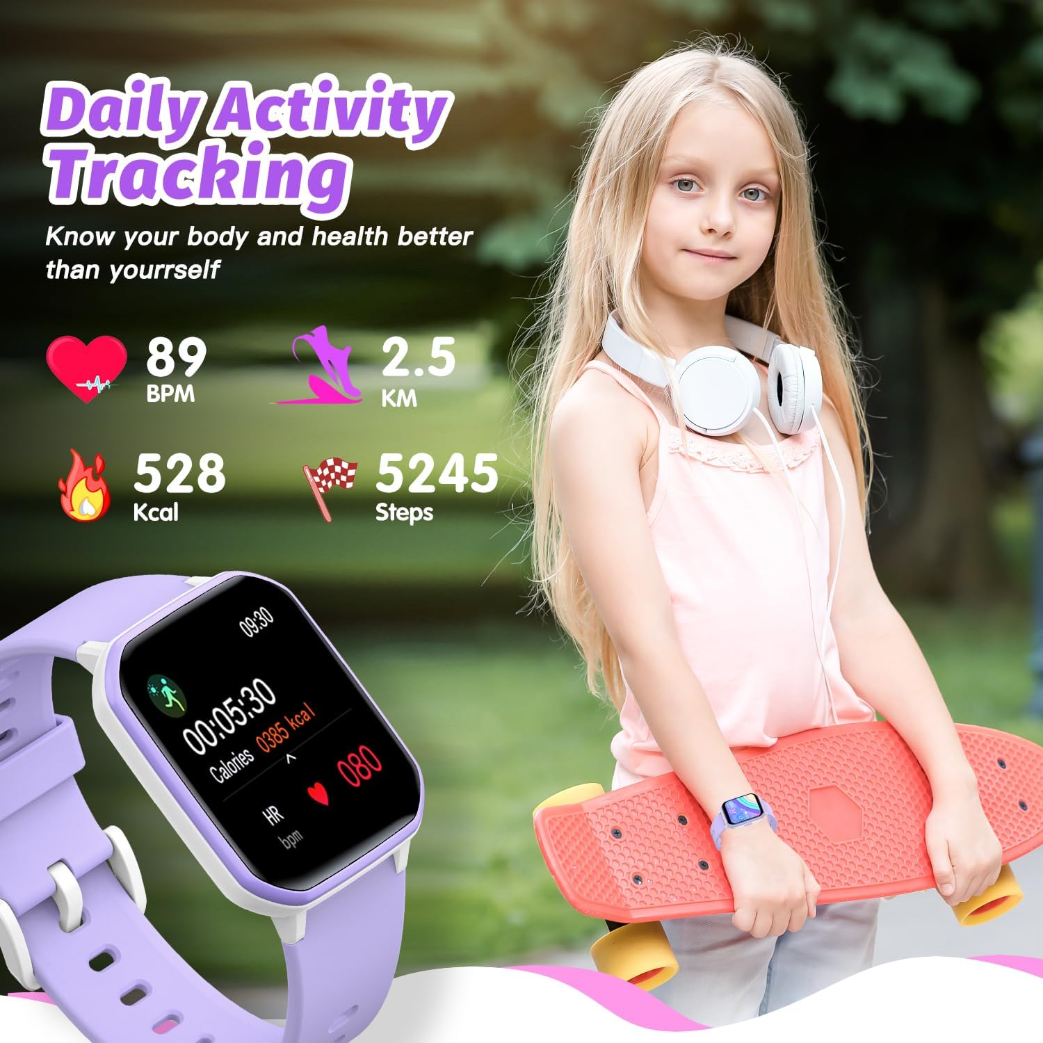 Smart Watch for Girls IP68 Waterproof Kids Fitness Tracker with DIY Face 1.5