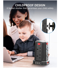 8-Way Tower Extension Lead with 4 USB Ports, 13A 3250W Power Strip, 2M Cable