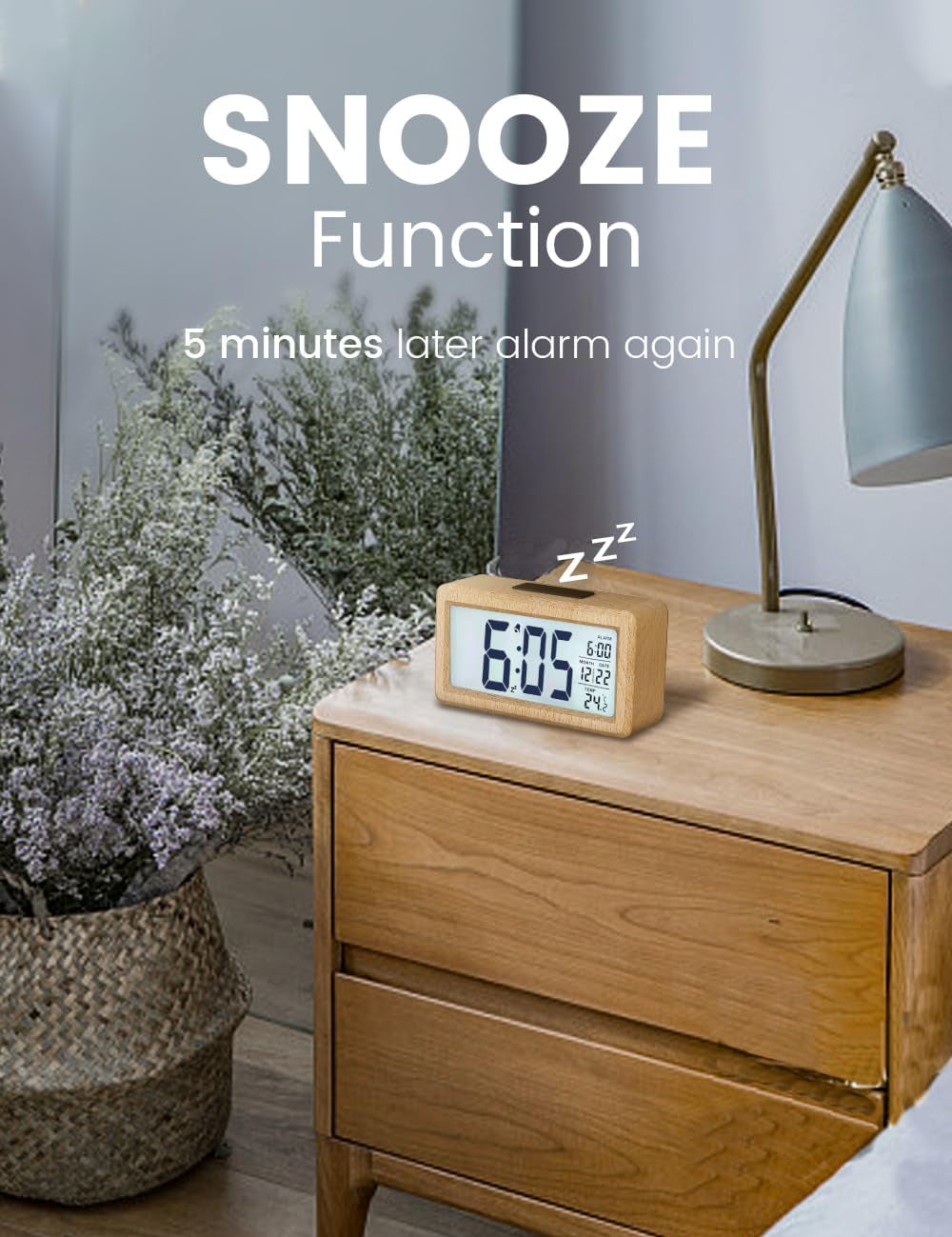 Wooden Digital Alarm Clock – Large LCD Display, Snooze, Temperature, Battery Operated