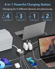 8-in-1 powerful charging station with multiple devices connected on a dark surface