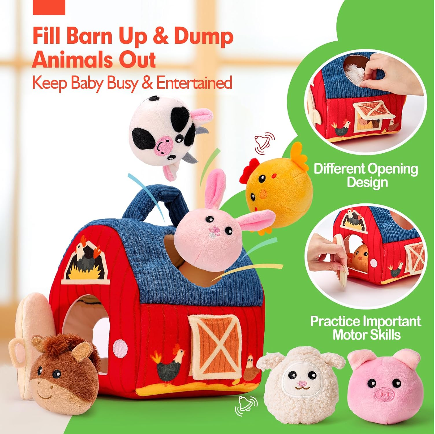 Hahaland Baby Toys 6–12 Months – Farm Animal Sensory Set with Barn, Rattle, Crinkle Paper & Mirror – Montessori Busy Toys for Infants & Toddlers 1–3 Years