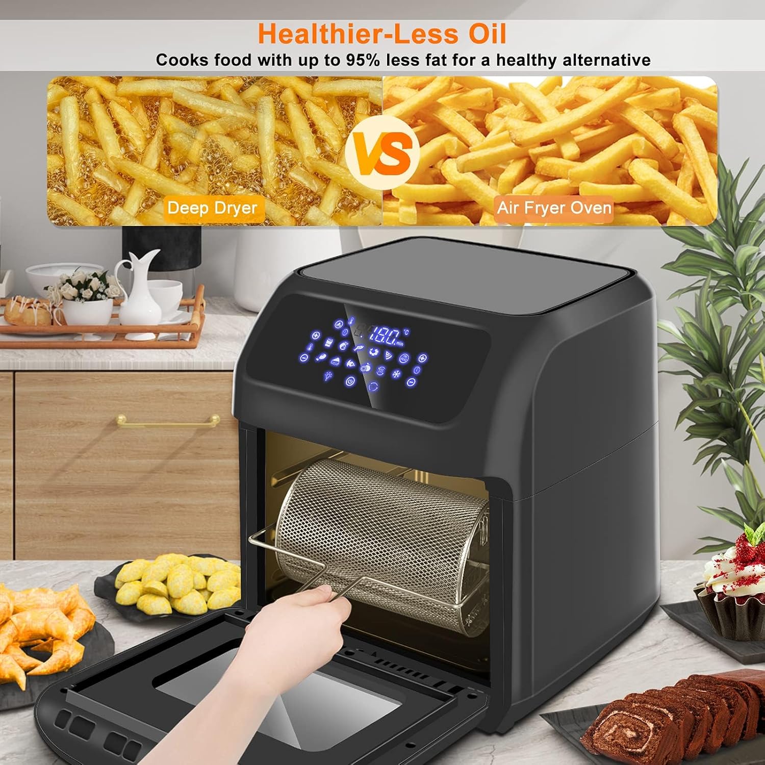 LLIVEKIT 12L Air Fryer Oven – 1800W, Rotisserie & Dehydrator, 12 Presets, 90-Min Timer, Preheat & Reheat, Oil-Less Cooking