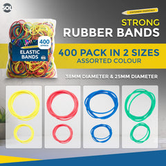 400-Pack Coloured Elastic Rubber Bands, Assorted Sizes for Home, Office & Crafts