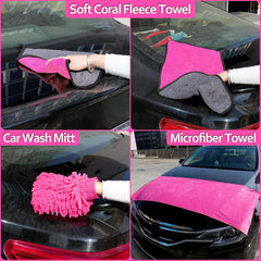 17Pcs Pink Car Cleaning Kit with Storage Box – Wash & Detailing Set for Women