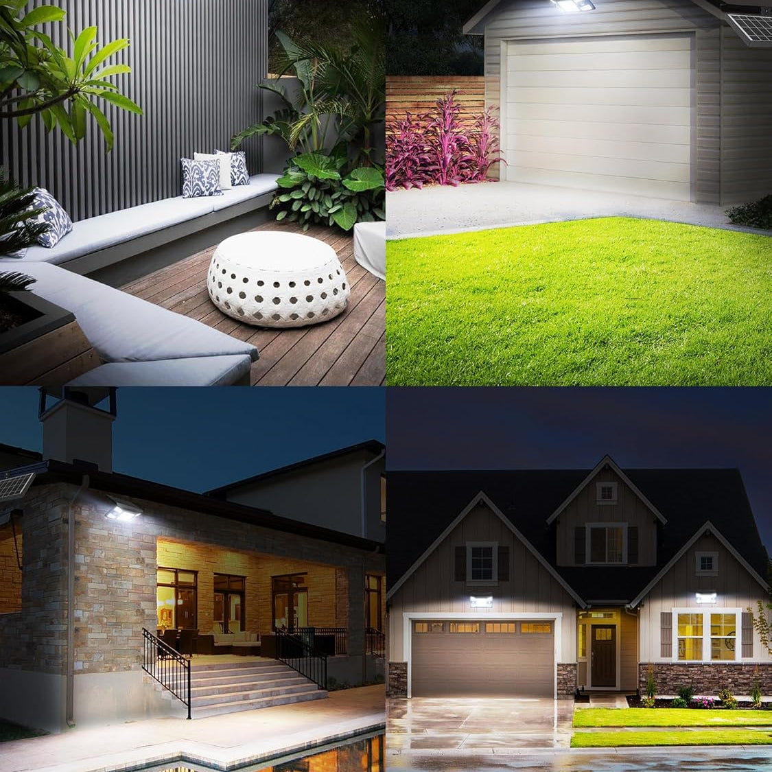 Collage of outdoor lighting fixtures on various parts of a house.