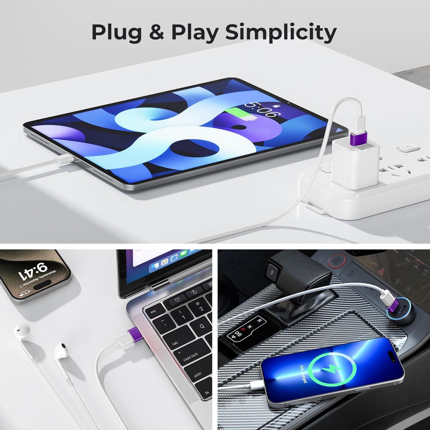 USB to USB-C Adapter 3-Pack (Purple) – Type-C Female to USB-A Male Converter for iPhone 11–16, Apple Watch Series 7/8, iPad Air/Mini, Samsung Galaxy S22/S23/S24