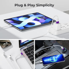 USB to USB-C Adapter 3-Pack (Purple) – Type-C Female to USB-A Male Converter for iPhone 11–16, Apple Watch Series 7/8, iPad Air/Mini, Samsung Galaxy S22/S23/S24
