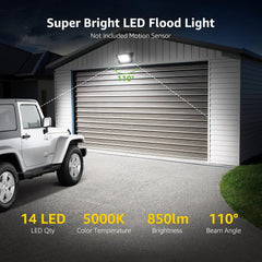 Super bright LED flood light illuminating a garage with vehicle and text details.