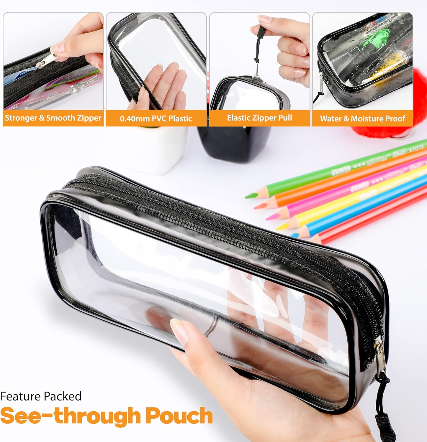 Clear Pencil Case – Black Transparent Stationery & Travel Storage Pouch 22x4x9 cm