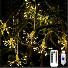 Mini Firework String Lights – 200 LED Starburst Chain Lights with Remote Control, USB Operated, 8 Modes for Indoor, Xmas Party, Home, and Garden Decoration (10in1)