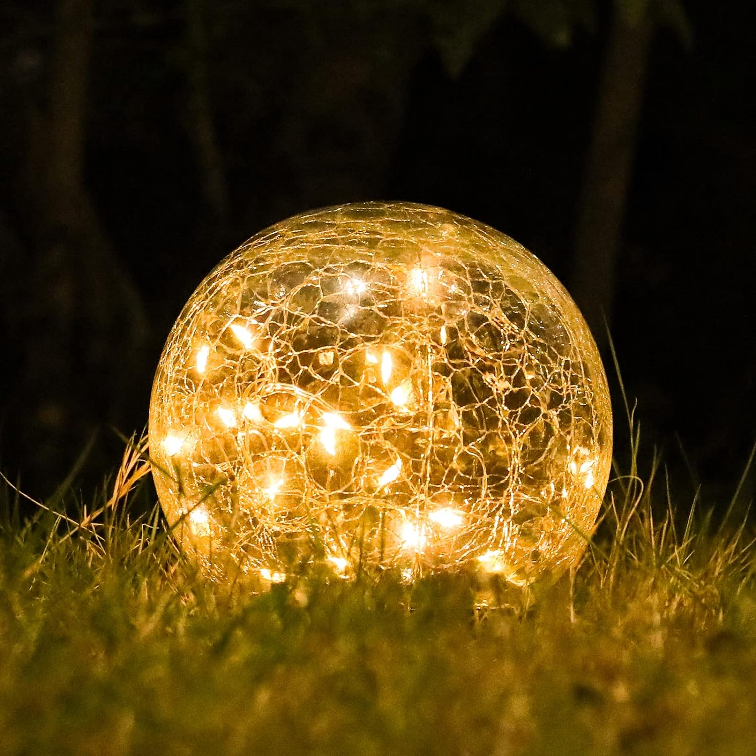 Garden Solar Lights, Cracked Glass Round Ball Light, Waterproof Decorative Warm White LED Globe, for Landscape, Walkway, Backyard, Patio, Yard, Lawn, and Pathway Decoration