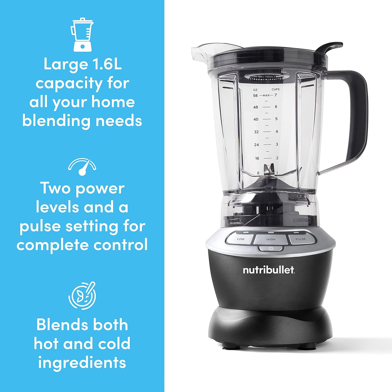 Hot and Cold 1.6L Jug Blender with 1000W Motor – Full Size Nutri Blender for Smoothies, Soups, Ice Crushing & Nut Blending – Includes Vented Lid, Pusher & Dual Speed Control