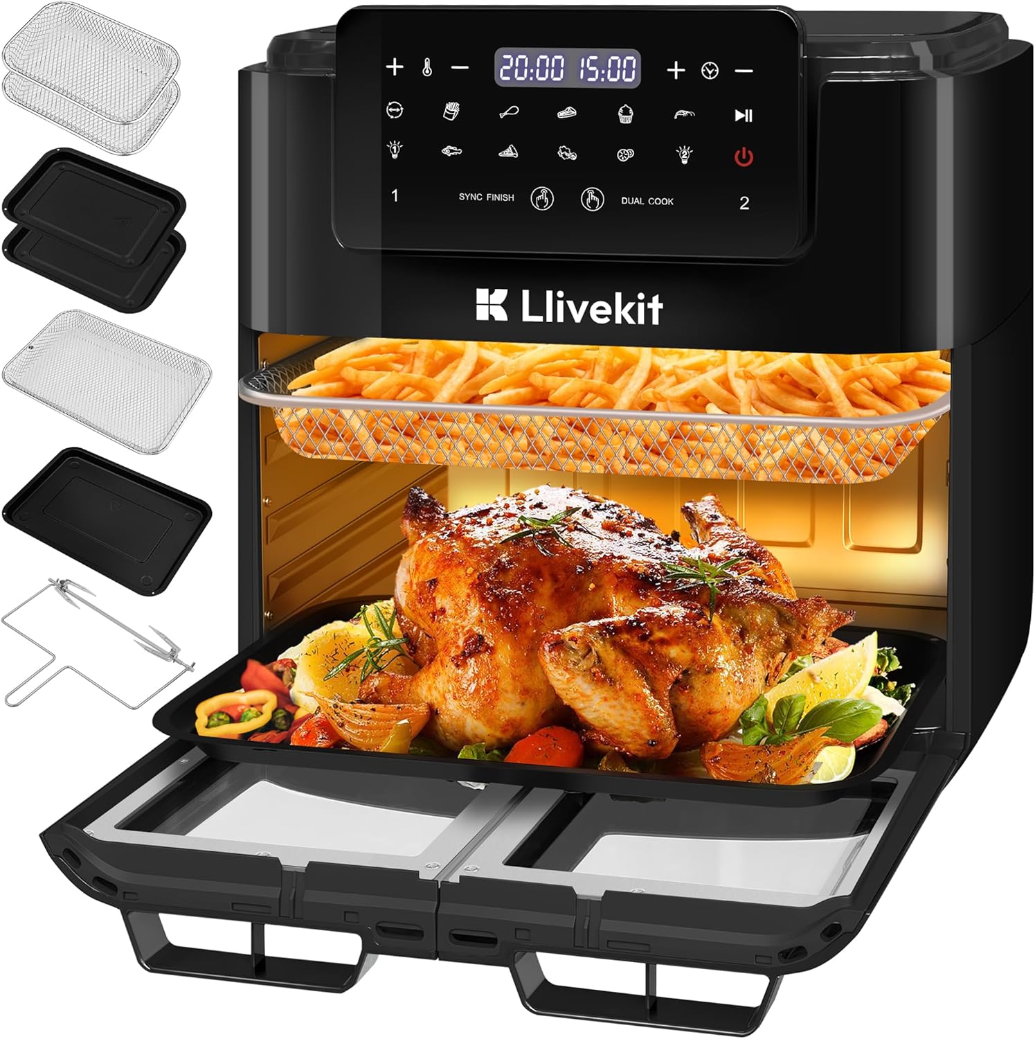 LLIVEKIT 15L Dual Air Fryer Oven – 2600W, 12-in-1, Rotisserie, SYNC Finish & Dual Cook, 8 Accessories, LED Touch Screen