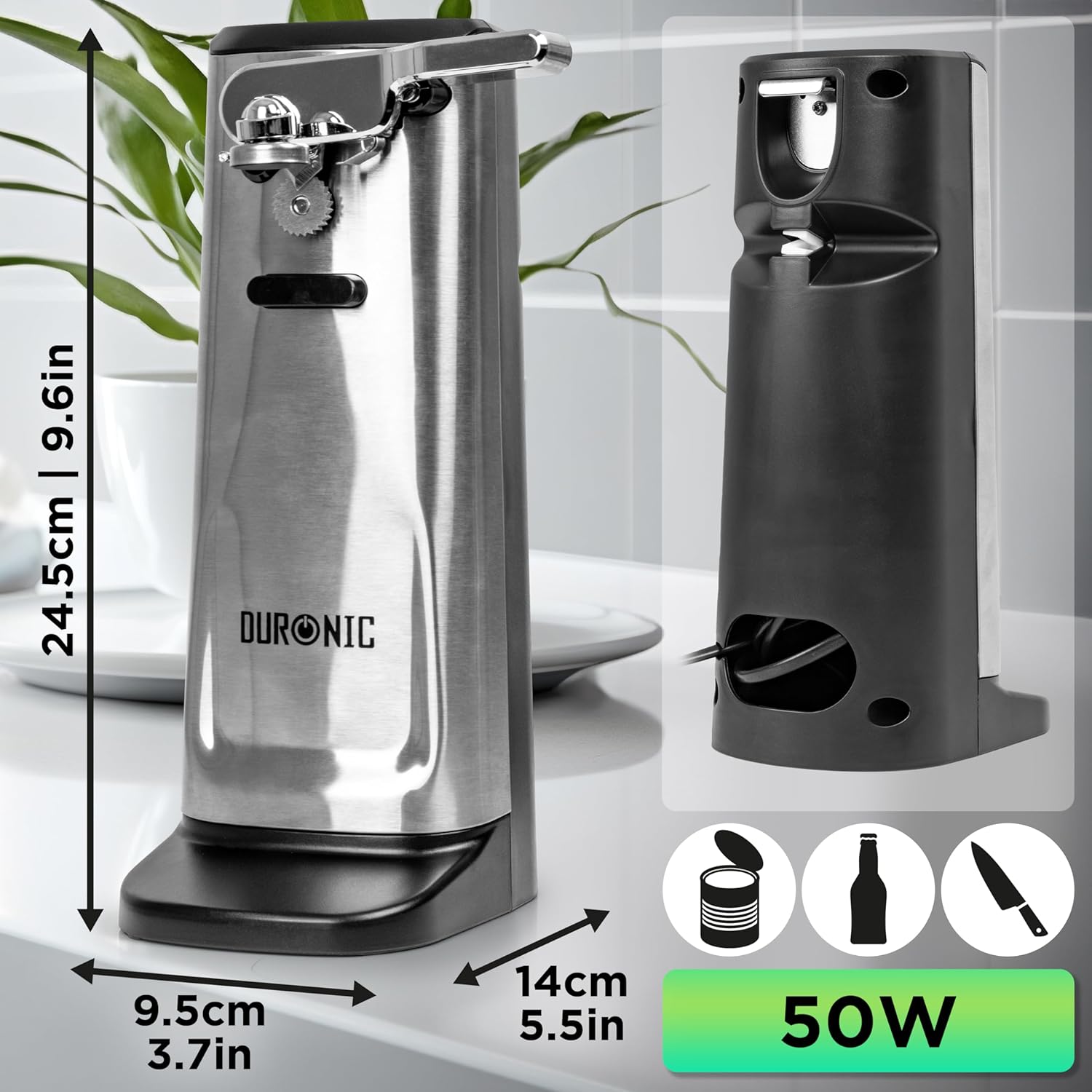 Duronic CO60 Electric Can Opener – 3-in-1 with Bottle Opener & Knife Sharpener – Silver