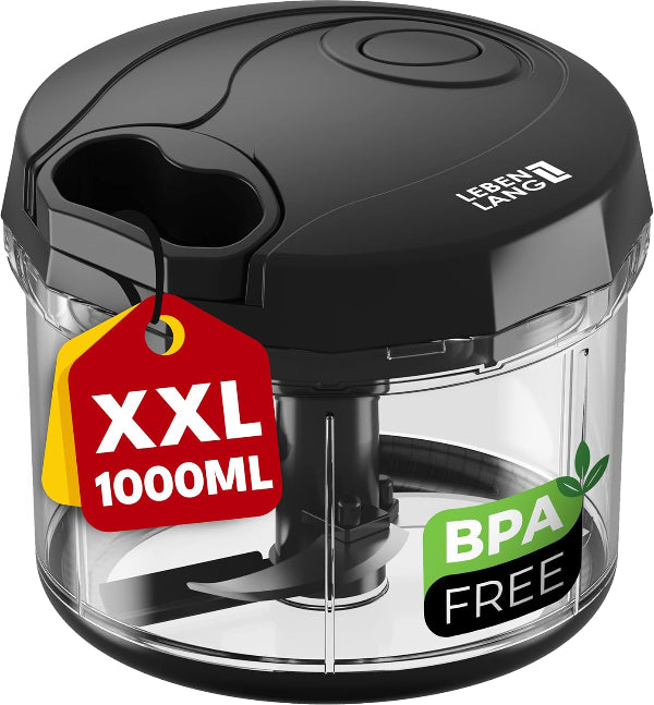 LEBENLANG Manual Food Chopper 1L with Lid & Whisk, BPA-Free Veg & Onion Dicer