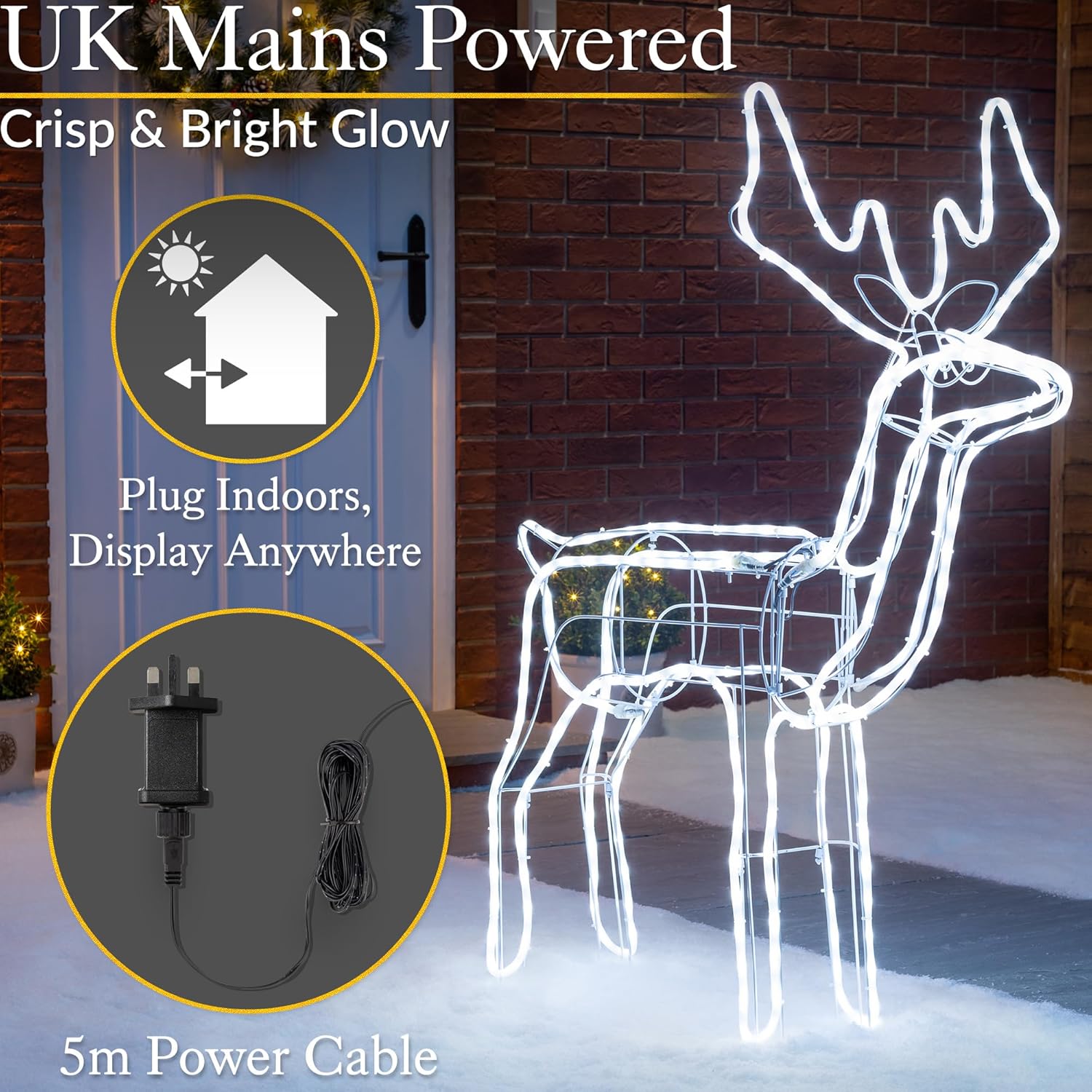 IP44 rated outdoor reindeer Christmas decoration with 5m cable.