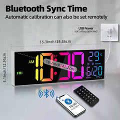 Large Digital LED Wall Clock – Bluetooth, Remote, Alarm, RGB, Temp & Auto DST