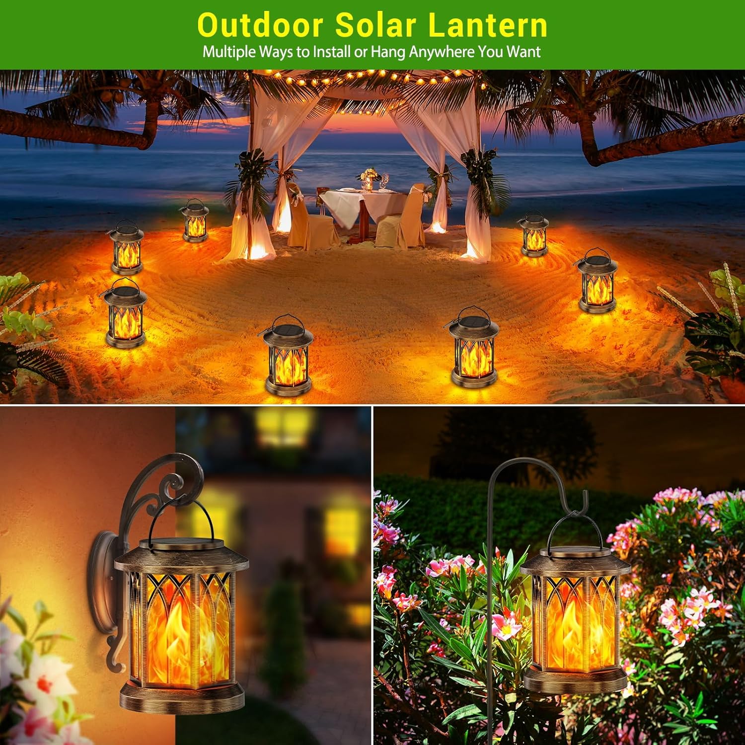 Solar Garden Lanterns Outdoor 2 Pack – Hanging Flickering Flame LED Lights, Waterproof Decorative Pathway Lighting Ornaments