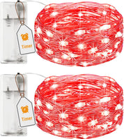 2 Pack Red Fairy Lights Battery Operated with Timer, 2M 20 LED Waterproof Silver Wire String Lights for Indoor Party, Wedding & Valentine’s Day Decor