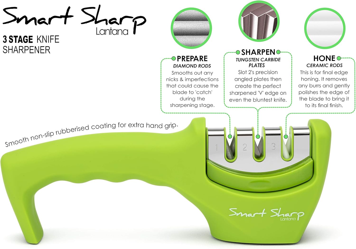 Smart Sharp 3-Stage Professional Knife Sharpener – Manual Kitchen Knife Sharpener with Ceramic Stone, Tungsten Carbide & Diamond Rods – Non-Slip Ergonomic Handle (Green)