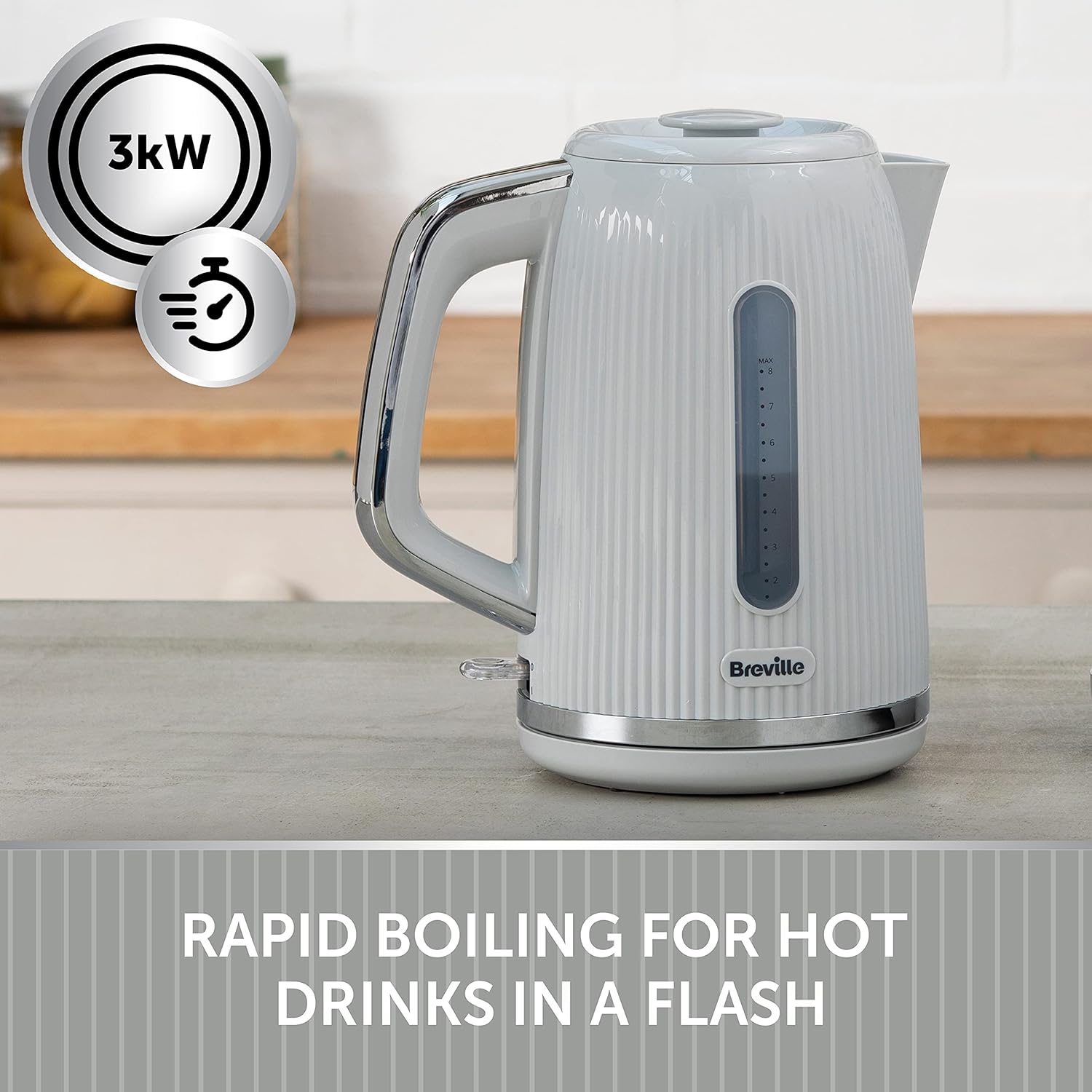 Bold Ice Grey Electric Kettle – 1.7L Capacity, 3kW Fast Boil, Gloss Textured Finish, Chrome Accents, Easy Clean & Cord Storage
