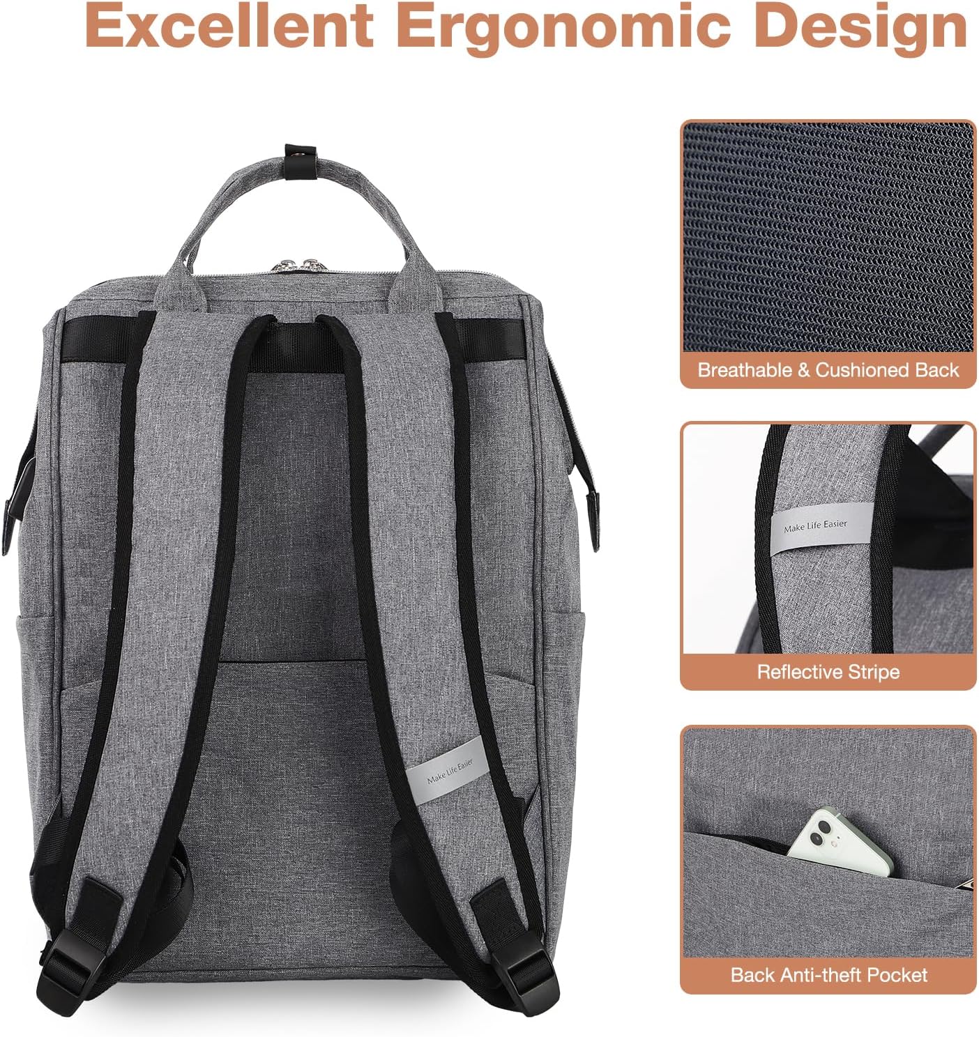 Laptop Rucksack 15.6" – Computer Backpack for School, Travel, Business, College, Grey
