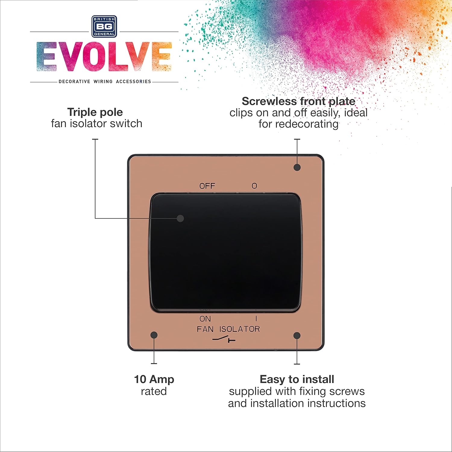 British General Evolve Polished Copper Fan Isolator Switch, 10A, Triple Pole, Rocker