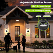 Outdoor scene with a house, people, and a dog, featuring an adjustable motion sensor with text on sensing range and distance.
