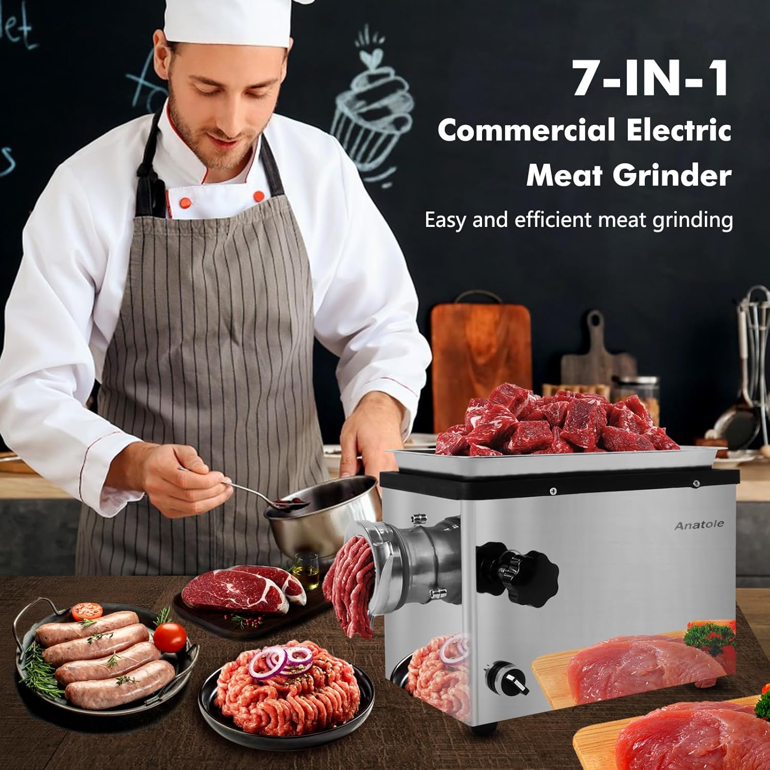 Anatole 1300W Electric Meat Grinder – Stainless Steel Mincer with 6 Grinding Plates (4–12mm), 4 Blades & Sausage Stuffer