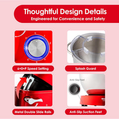 Stand Mixer 6.2L 1400W Tilt-Head Electric Food Mixer with Dough Hook, Whisk & Beater – 2-Layer Red Coating – Red