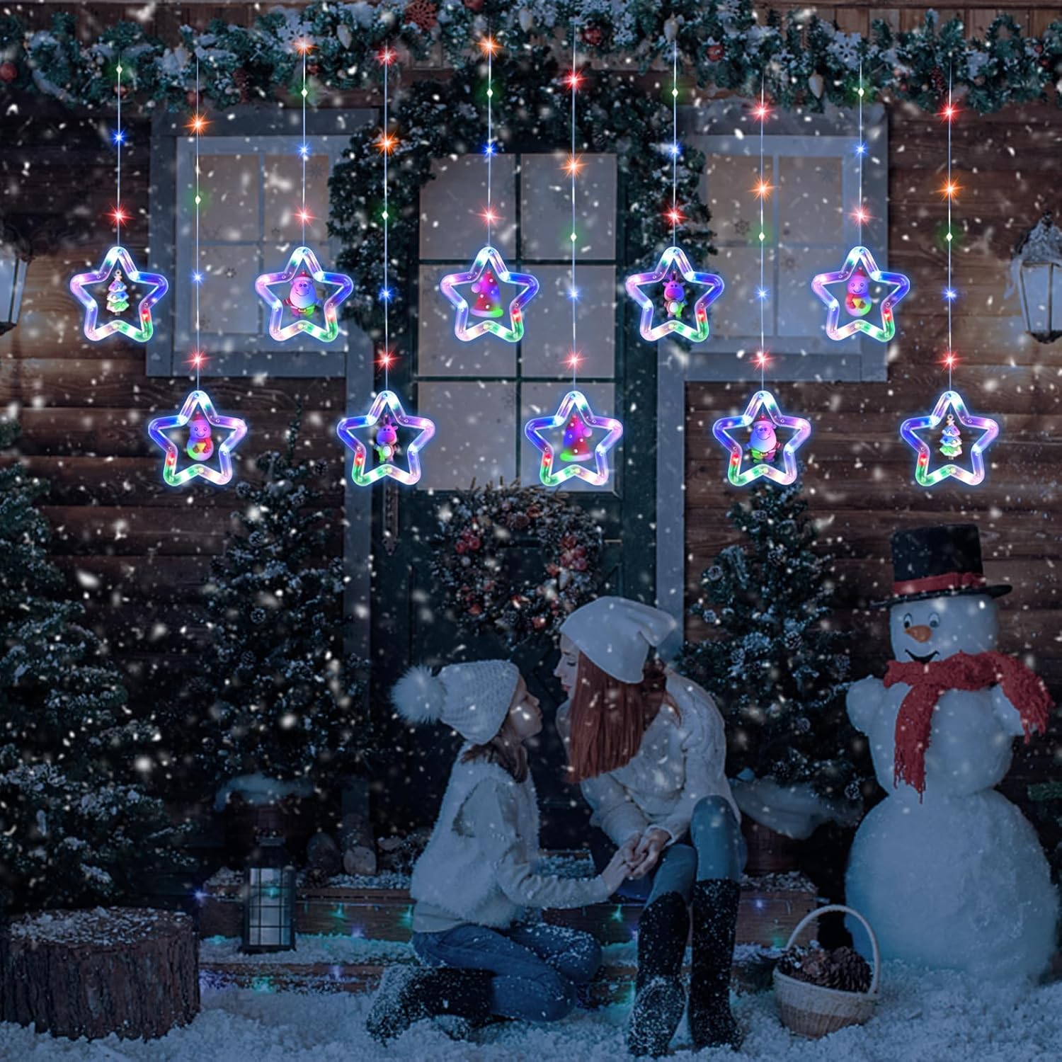 LED Star Curtain Lights 3.5M x 3.5M, Multicoloured Christmas Window Fairy Lights with 8 Flashing Modes, USB + Battery Powered 3D Twinkle Curtain String Lights for Indoor Xmas Party Decor