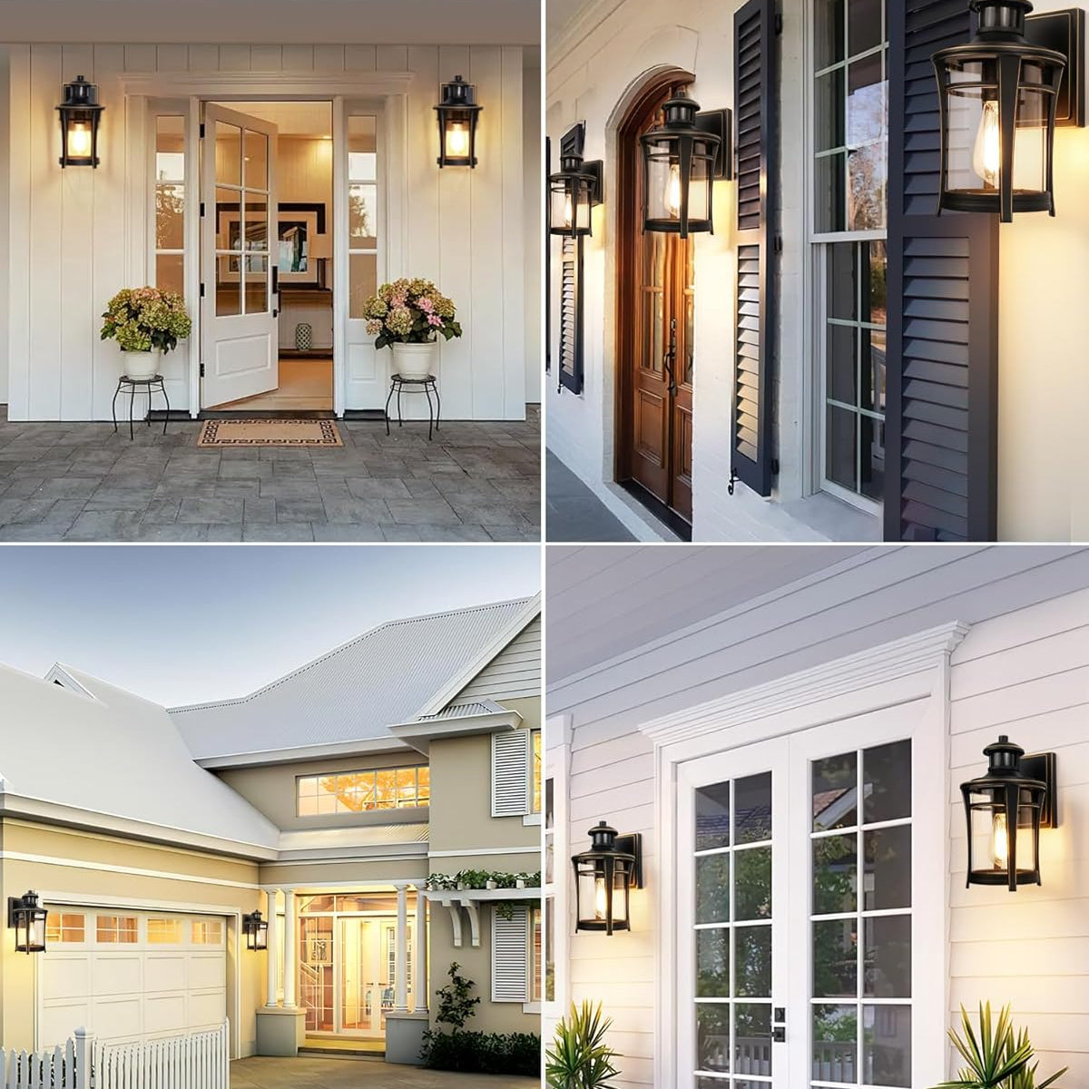 Wall-mounted outdoor light fixture with a warm glow, featuring a clear glass cover.
