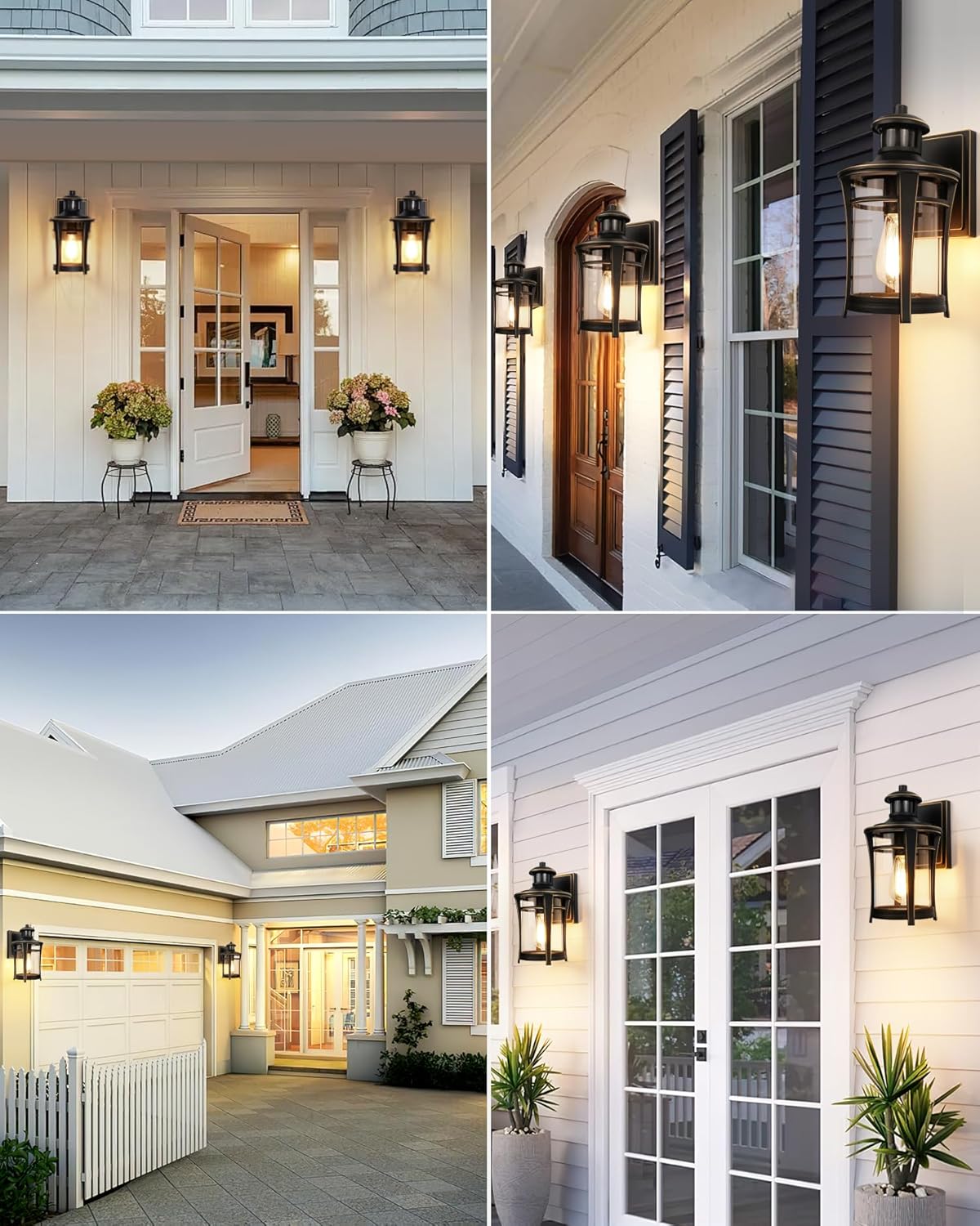 Wall-mounted outdoor light fixture with a warm glow, featuring a clear glass cover.