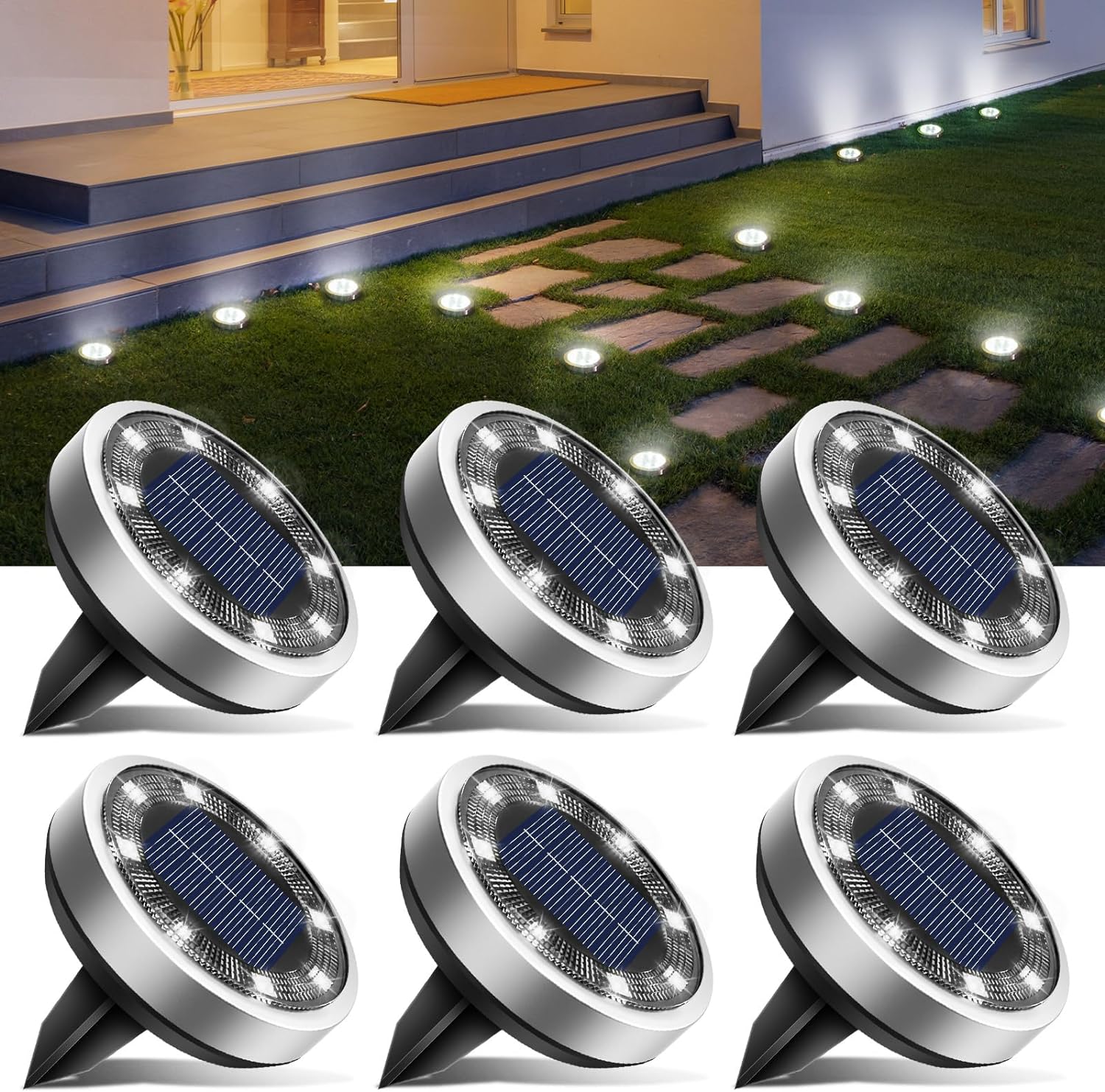 10-Pack Solar Ground Lights, 8 LED, Cool White, IP65 Waterproof for Garden, Pathway, Lawn, Patio, Yard