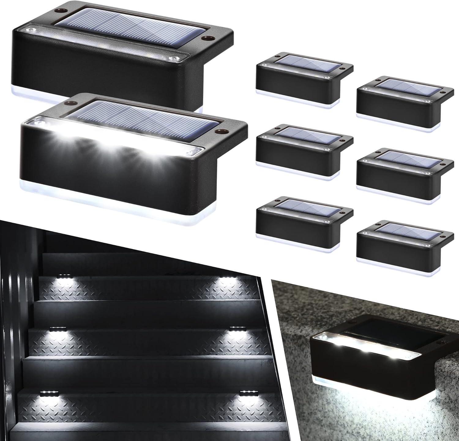 Solar Fence Lights, 8 Pack LED Solar Stair Lights, Waterproof, Cold White, Black, for Garden, Yard, Patio, Gutter, Pathway