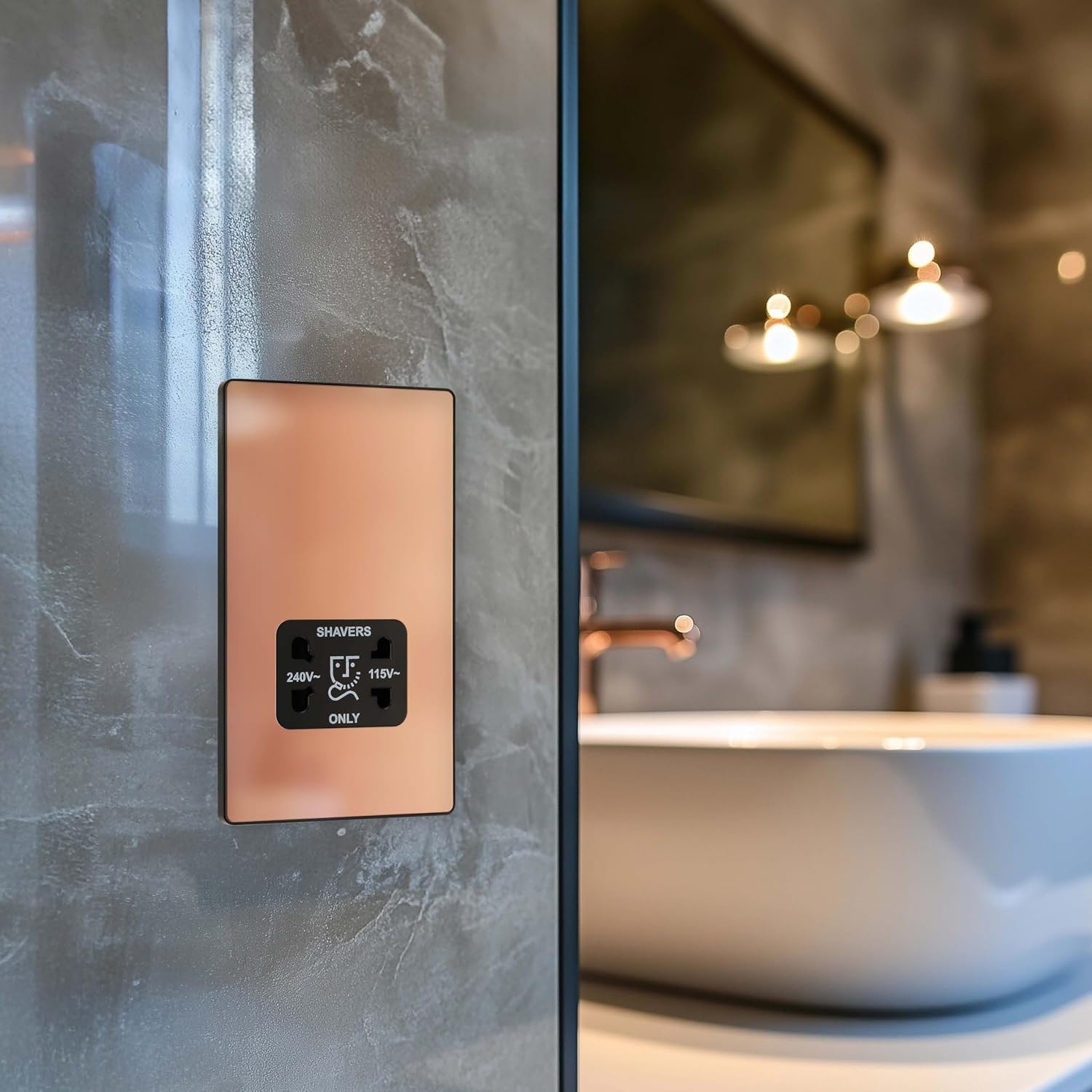 BG Electrical Dual Voltage Shaver Plug Socket, Electric Toothbrush Charger Socket for Bathrooms, Screwless Front Plate, Round Edges, Evolve, 2-Pin, Polished Copper, 115V / 240V, PCDCP20B