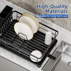 Purkeep Dish Drying Rack with Utensil Holder & Draining Board – Space-Saving, Black