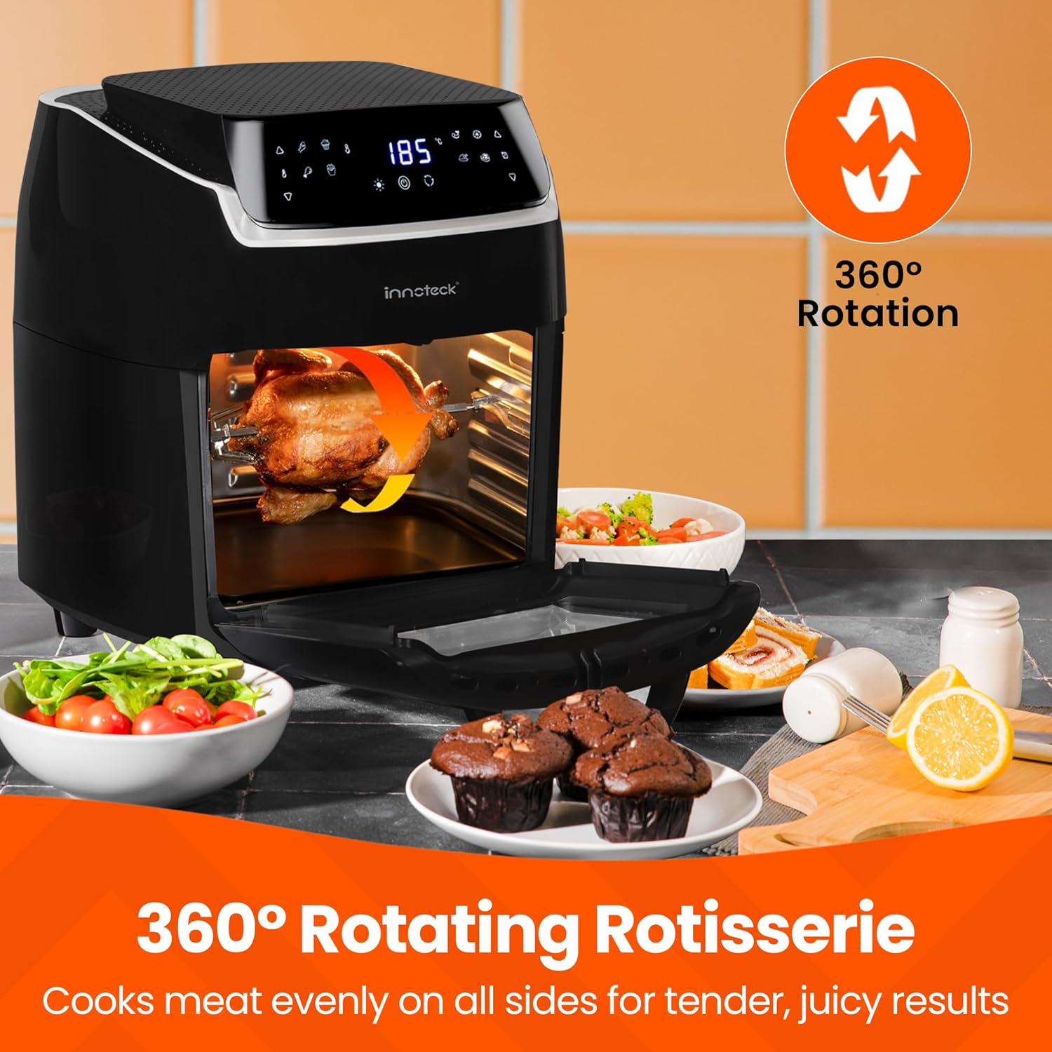 Innoteck 12L Digital Air Fryer Oven – 1800W, Rotisserie, 8 Presets, Touch Panel, Basket & Racks, Black & Silver